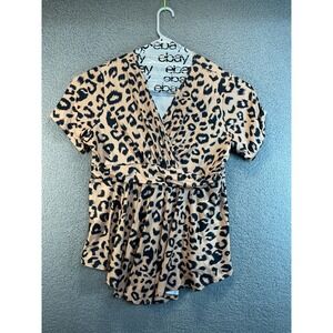 ALLEGRACE Women Plus Size 2X Brown Animal Print V Neck Blouse